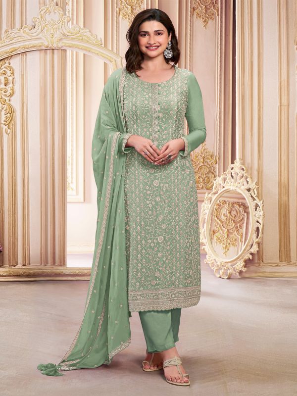 Pista Green Pant Style Salwar Suit In Georgette