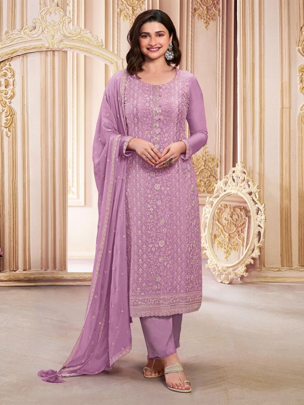 Lilac Zari Work Pant Style Salwar Suit In Georgette