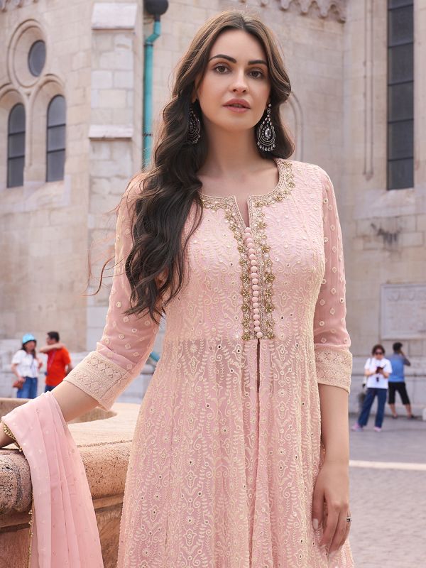 Pink Front Slit Styled Anarkali Salwar Kameez In Georgette