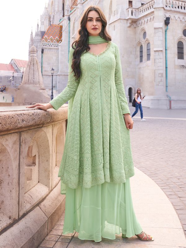 Green Readymade Front Slit Styled Salwar Kameez In Georgette