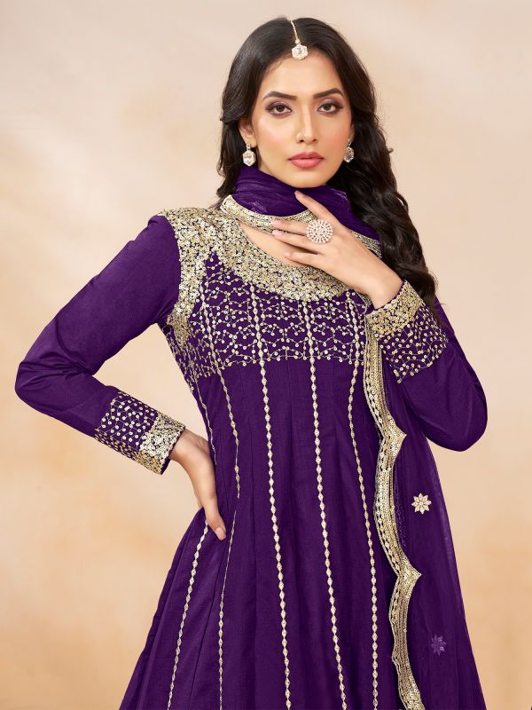 Violet Purple Zari Embroiderd Salwar Suit In Silk