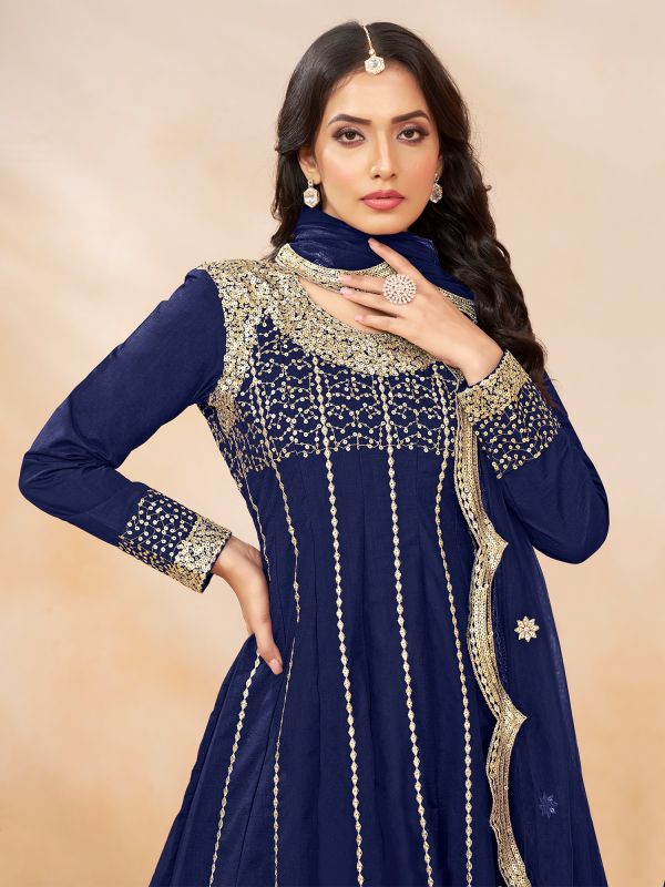 Navy Blue Flare Style Salwar Kameez In Zari Work