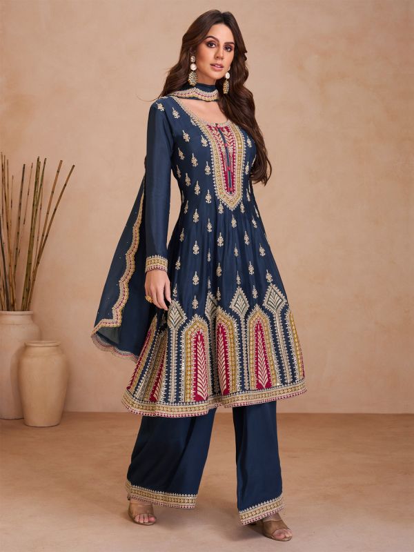 Blue Zari Work Salwar Suit In Palazzo Style