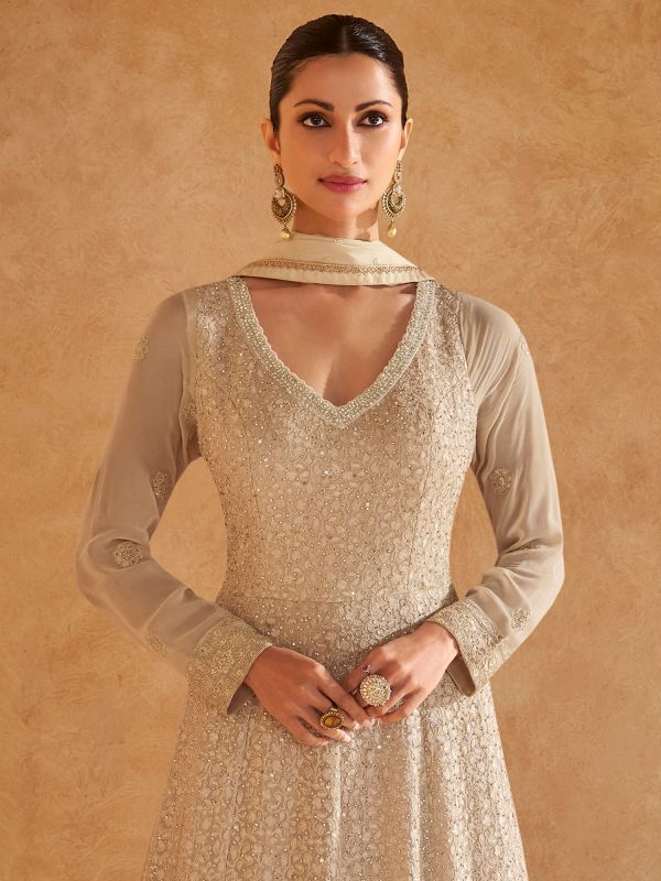 Beige Anarkali Style Salwar Suit In Mirror Work