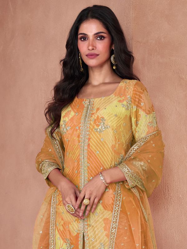 Yellow Printed Sharara Style Salwar Suit In Georgette