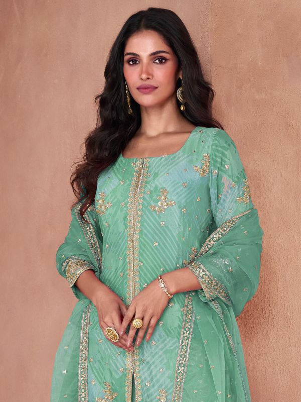 Turquoise Sharara Style Salwar Kameez In Zari Work