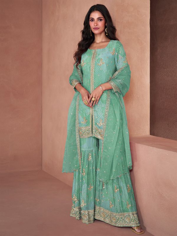 Turquoise Sharara Style Salwar Kameez In Zari Work