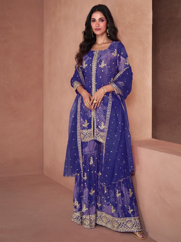 Navy Blue Printed Sharara Suit With Dupatta