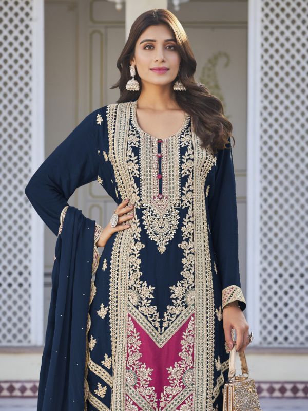 Navy Blue Palazzo Style Salwar Suit In Silk