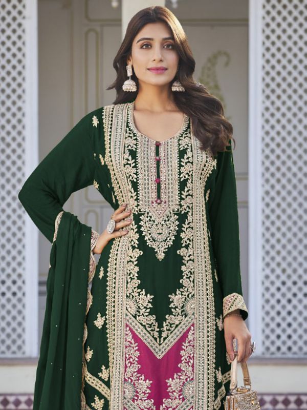 Deep Green Salwar Kameez In Palazzo Style