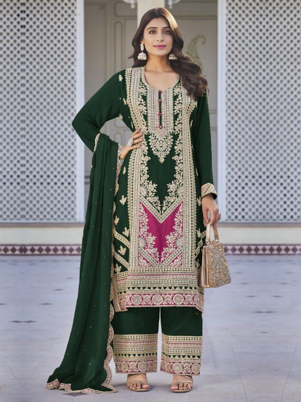 Deep Green Salwar Kameez In Palazzo Style