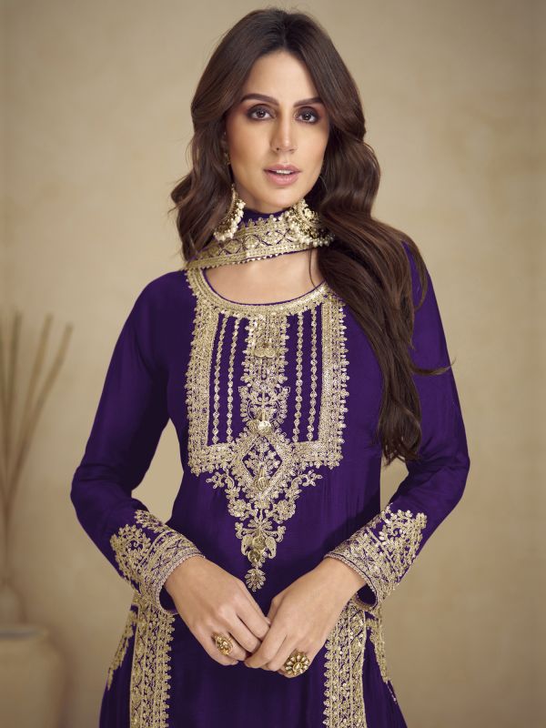 Dark Purple Pant Style Salwar Kameez In Georgette