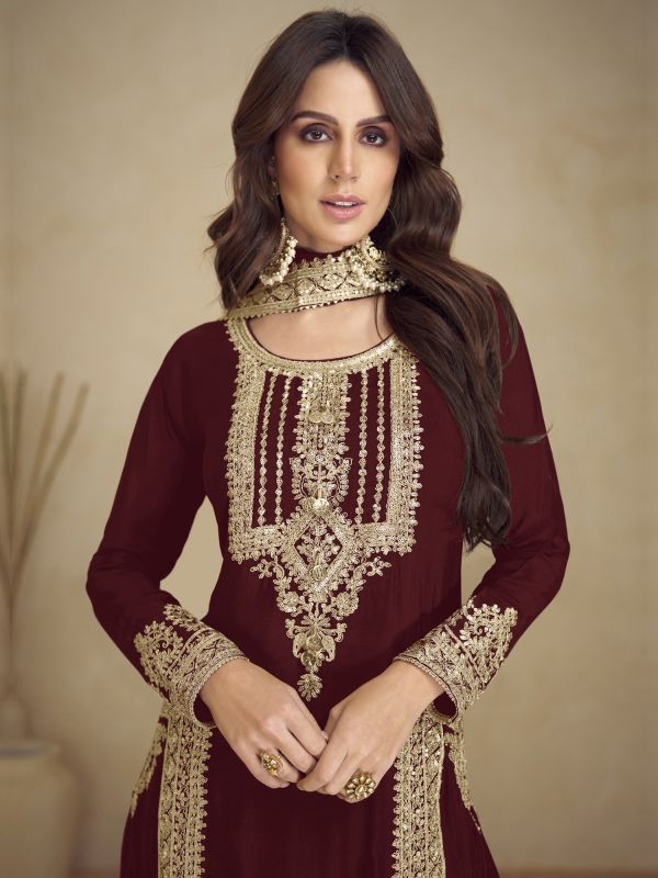 Maroon Pant Style Festive Wear Salwar Kameez