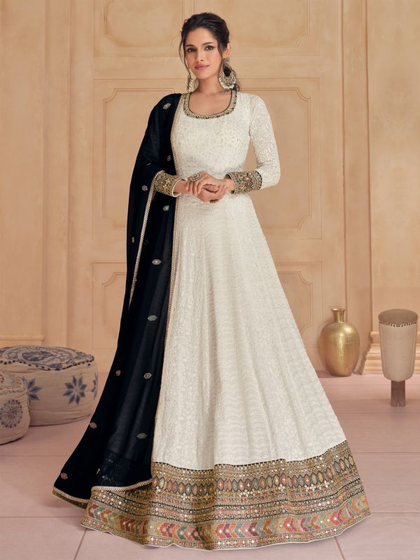 White Anarkali Style Suit Set In Georgette