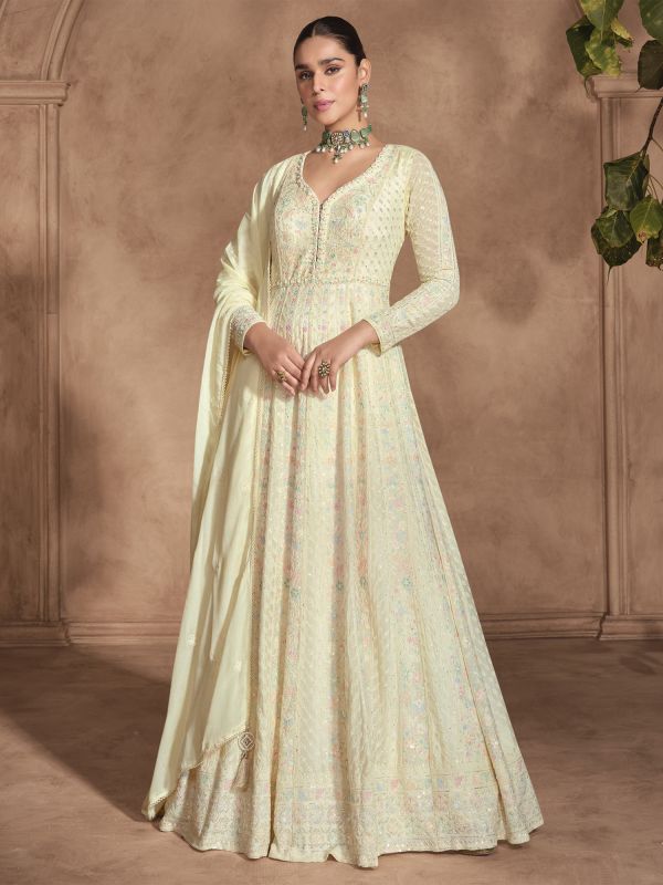 Ivory Cream Sequins Enhanced Silk Anarkali Suit