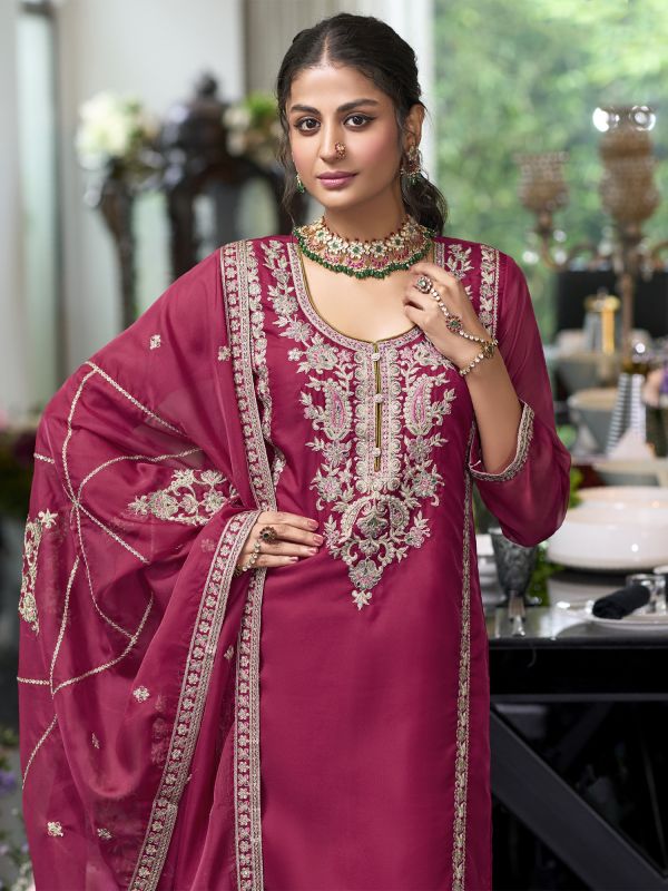 Magenta Readymade Salwar Kameez In Organza