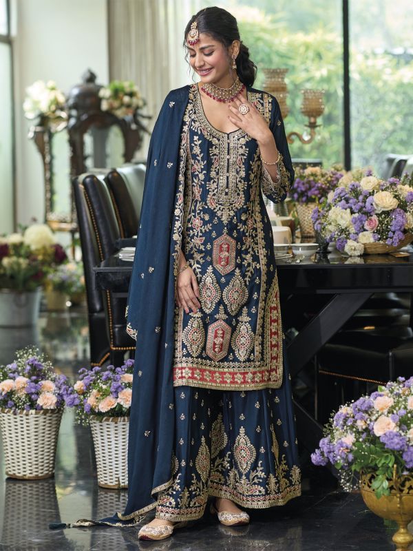 Blue Sharara Style Suit In Mirror Embellishment