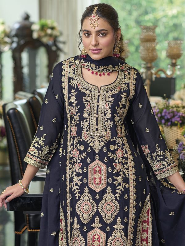 Navy Blue Silk Heavy Embroidered Sharara Suit