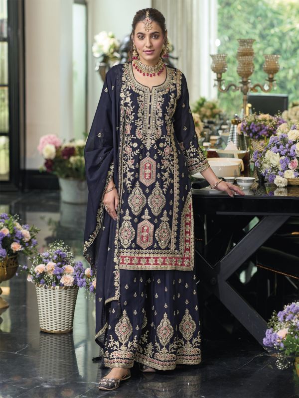 Navy Blue Silk Heavy Embroidered Sharara Suit