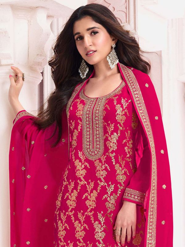 Red Festive Wear Salwar Kameez In Jacquard