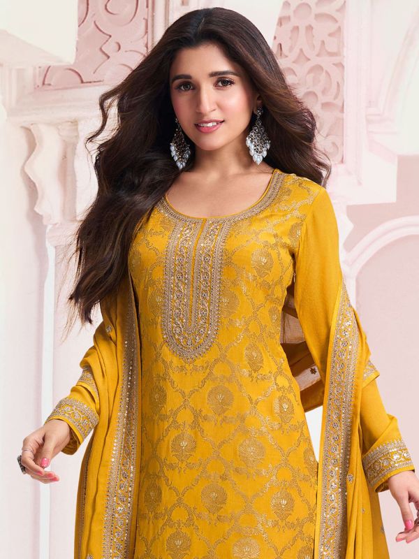 Honey Yellow Festive Salwar Suit In Sequins Work