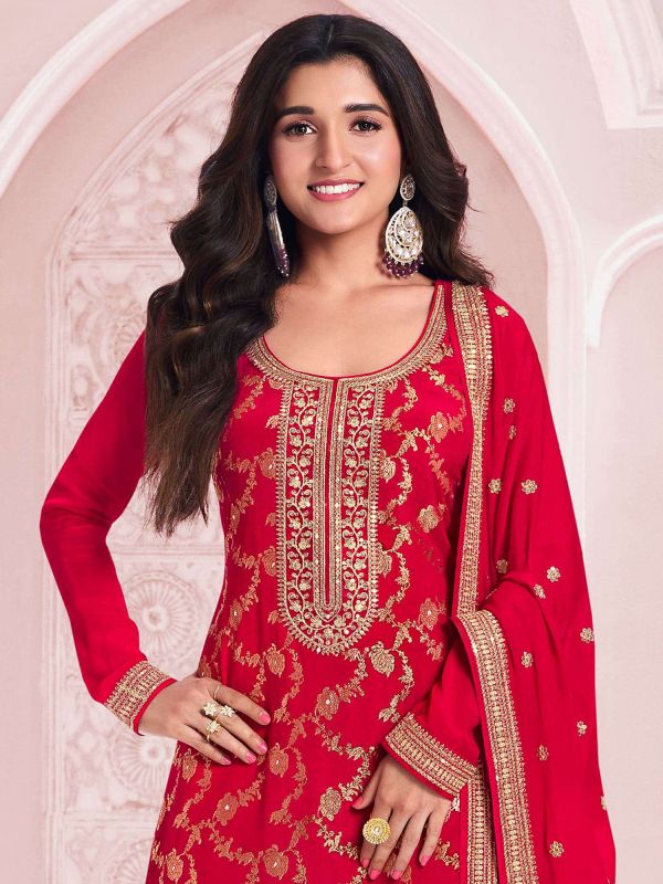 Cherry Red Casual Jacquard Salwar Suit Set