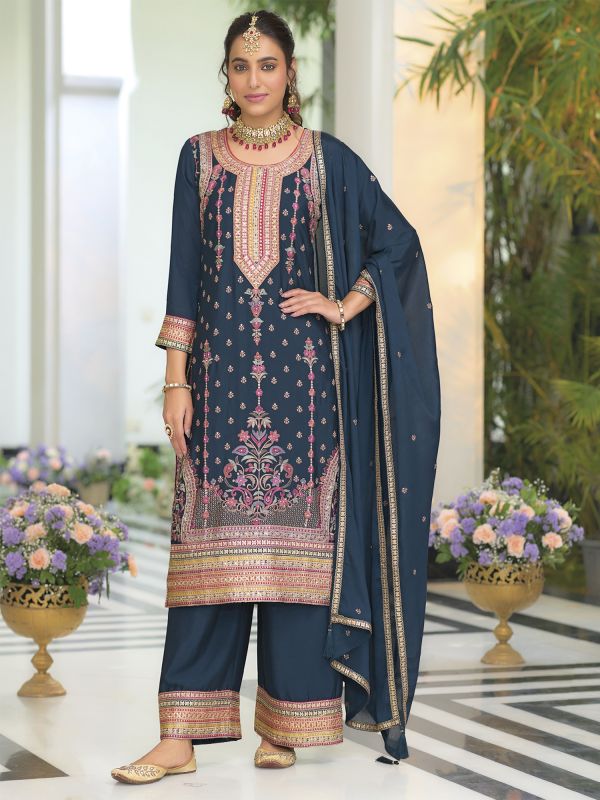 Blue Chinon Silk Salwar Kameez In Palazzo Style