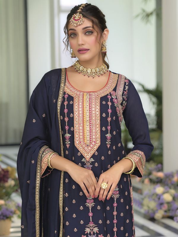 Navy Blue Mirror Embellished Readymade Palazzo Suit