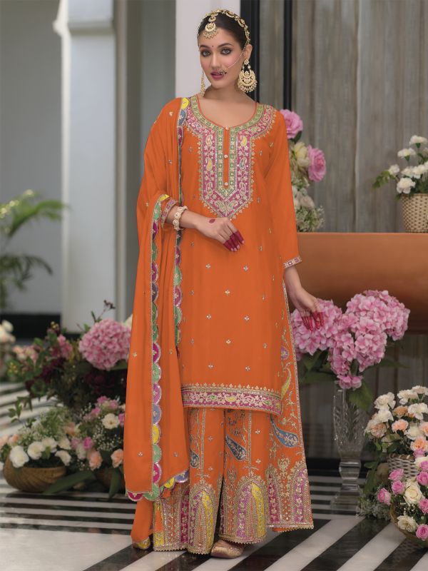 Orange Readymade Palazzo Style Suit In Silk