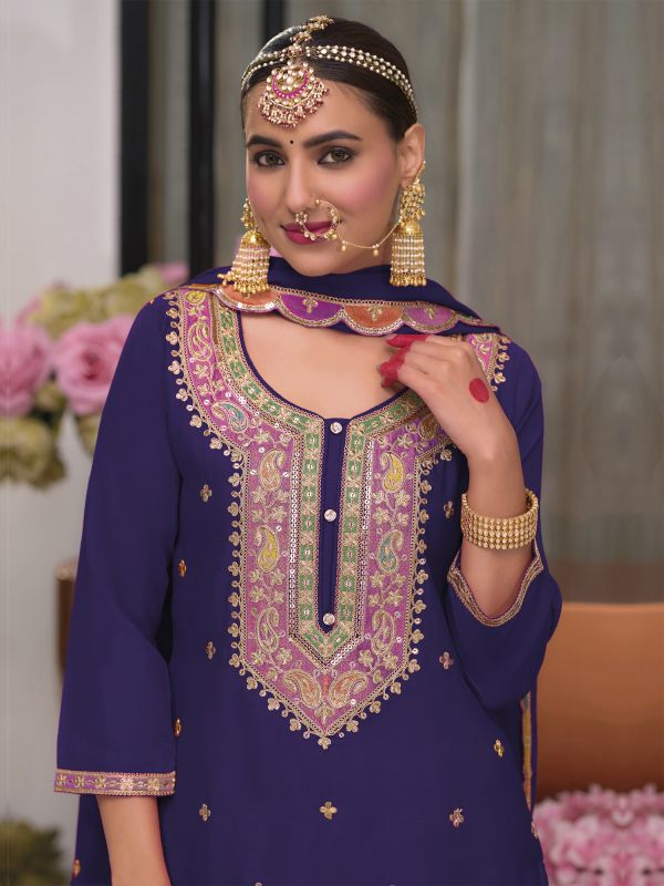 Purple Zari Embellished Salwar Suit In Palazzo Style