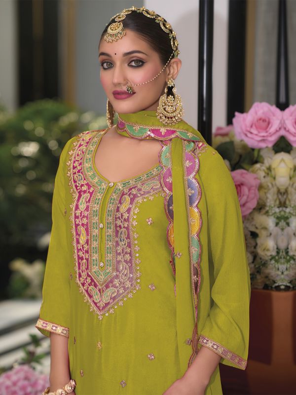 Green Palazzo Style Salwar Suit In Zari Work