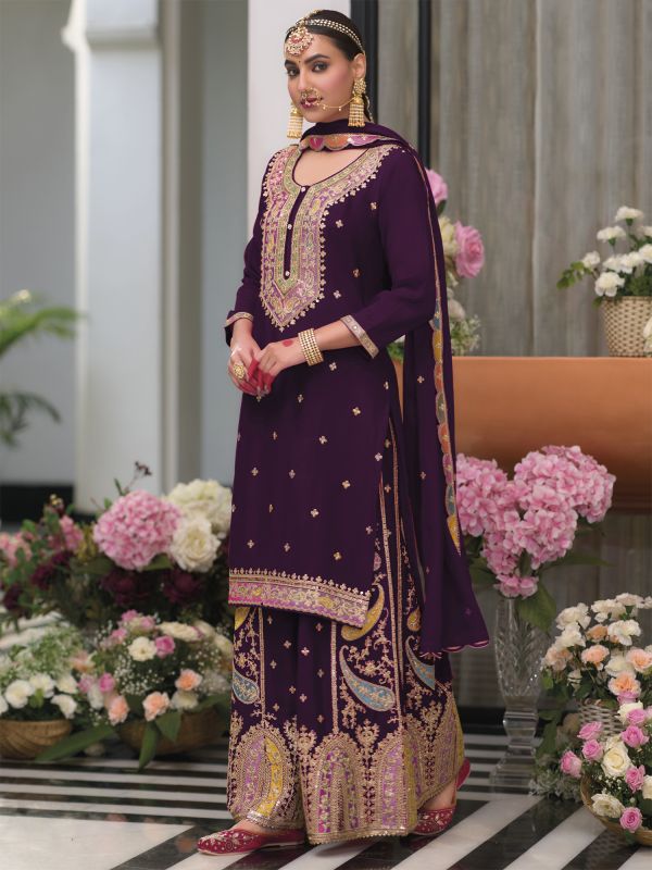 Wine Embroidered Wedding Palazzo Style Salwar Suit