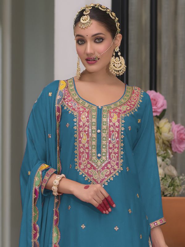 Blue Chinon Silk Readymade Palazzo Style Suit Set