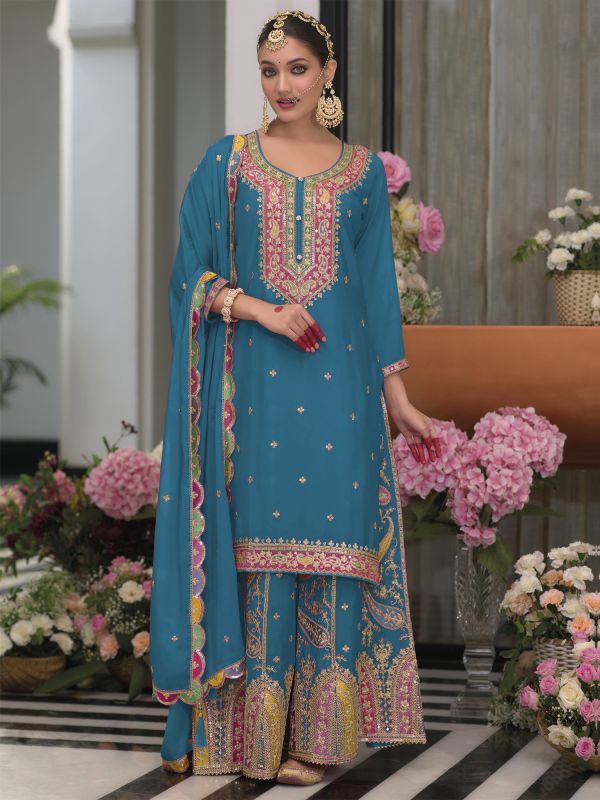 Blue Chinon Silk Readymade Palazzo Style Suit Set