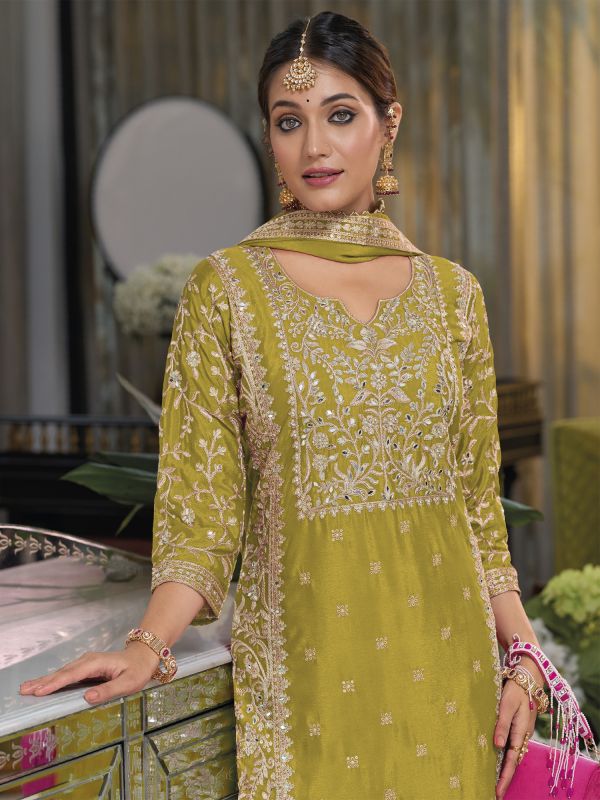 Green Readymade Palazzo Suit With Dupatta