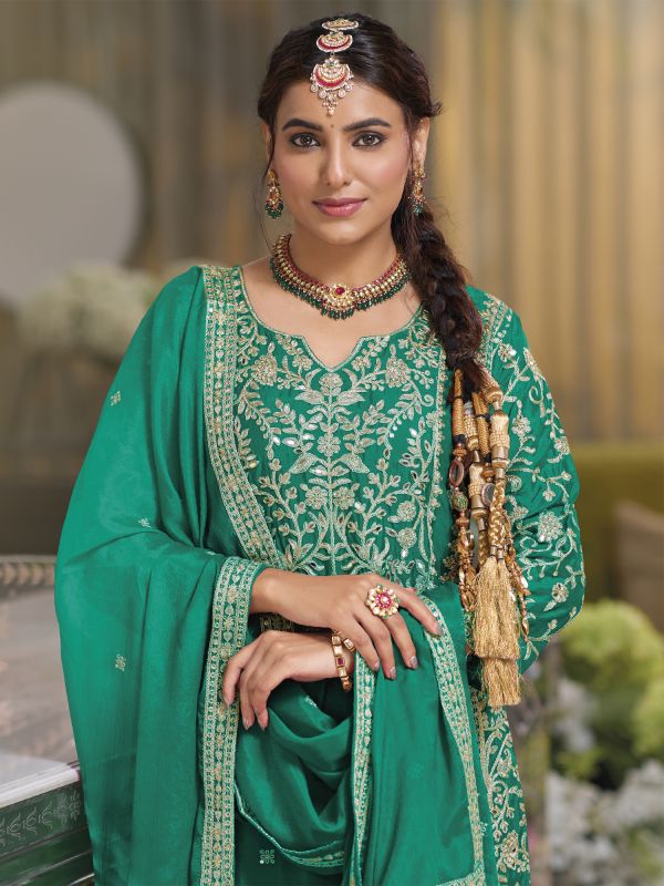 Green Silk Salwar Kameez In Mirror Embellishment