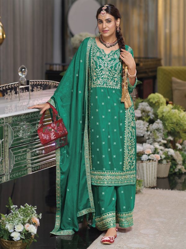 Green Silk Salwar Kameez In Mirror Embellishment