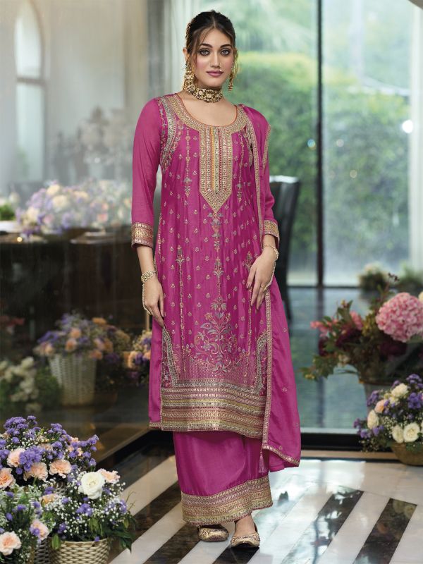 Rani Pink Zari Work Salwar Kameez In Palazzo Style