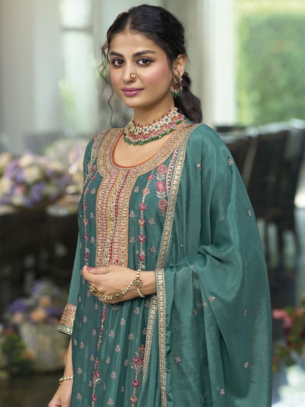 Green Sequins Enhanced Palazzo Suit With Dupatta