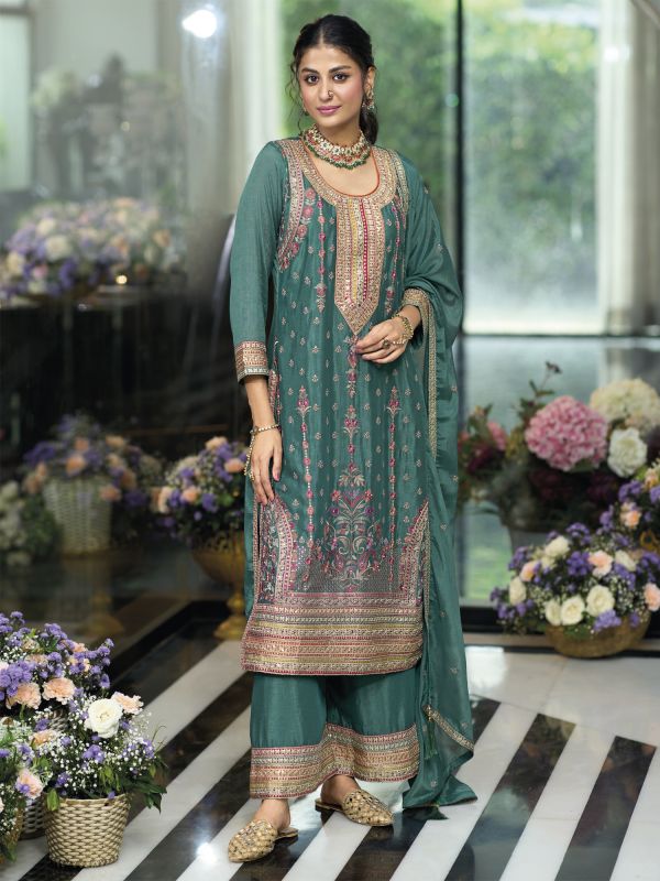 Green Sequins Enhanced Palazzo Suit With Dupatta