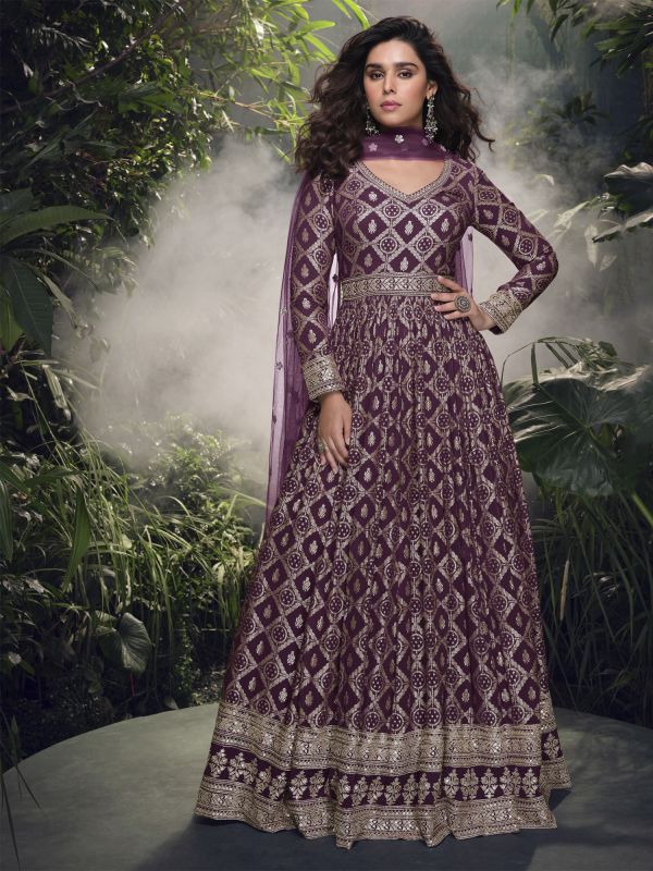 Wine Anarkali Style Festive Suit Set In Silk