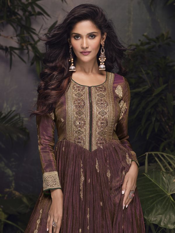 Brown Zari Work Salwar Suit With Dupatta