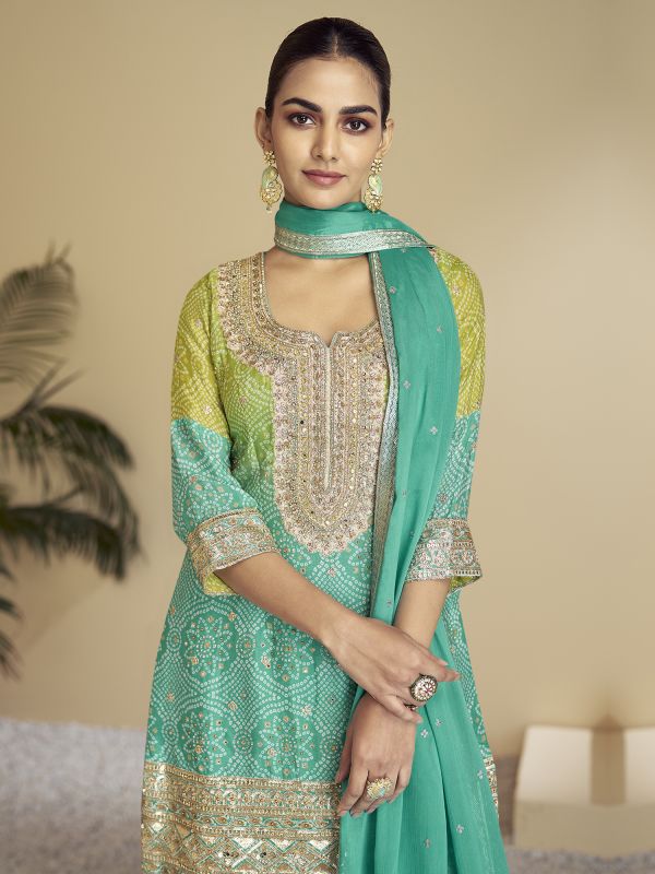 Green And Turquoise Salwar Suit In Traditional Print