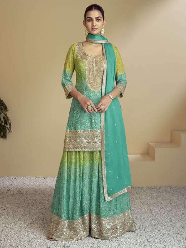 Green And Turquoise Salwar Suit In Traditional Print