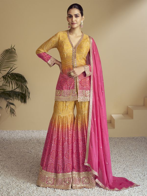 Yellow And Pink Heavy Embroidered Shaded Sharara Suit