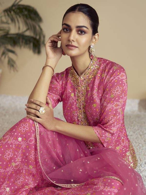 Pink Sharara Salwar Festive Suit In Mirror Embellishment