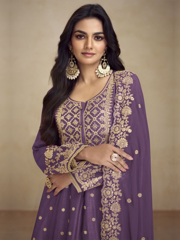 Purple Sharara Style Salwar Suit With Full Sleeves