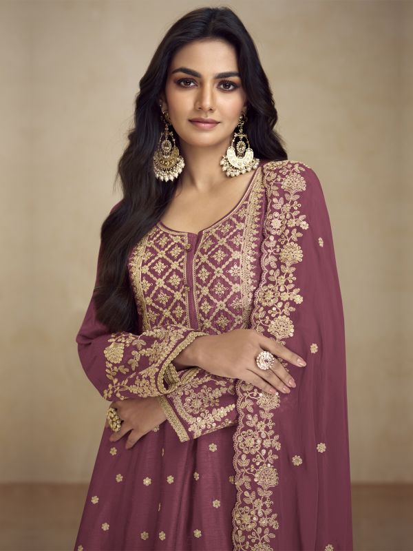 Mauve Pink Salwar Suit With Flare Style Kameez