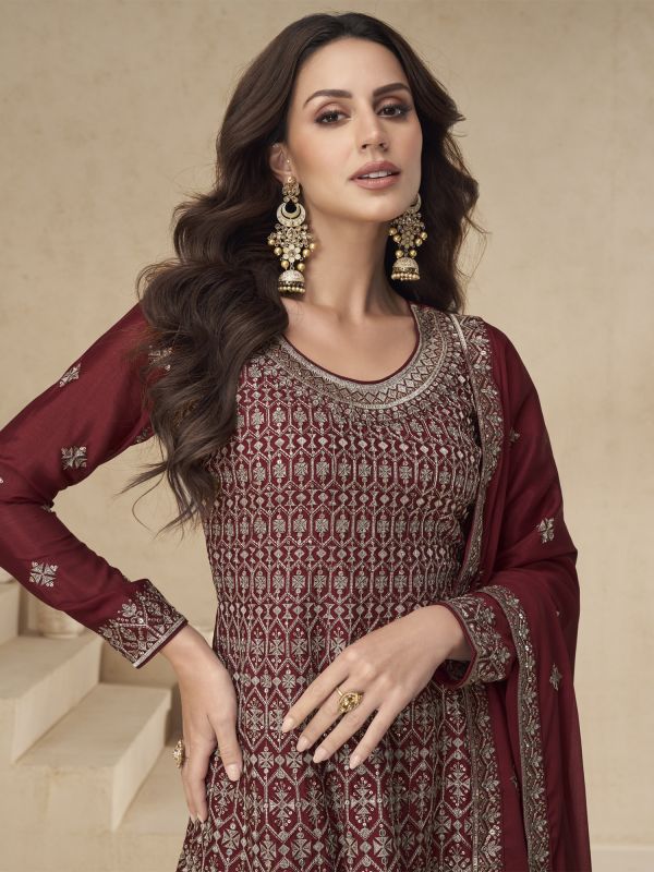 Red Palazzo Salwar Suit With Full Sleeves Kameez