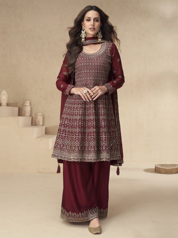 Red Palazzo Salwar Suit With Full Sleeves Kameez